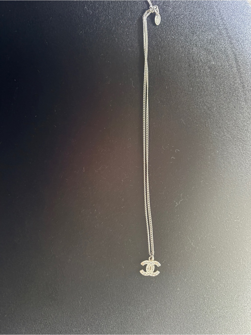 CHANEL Silver Crystal Double C Pendant Necklace